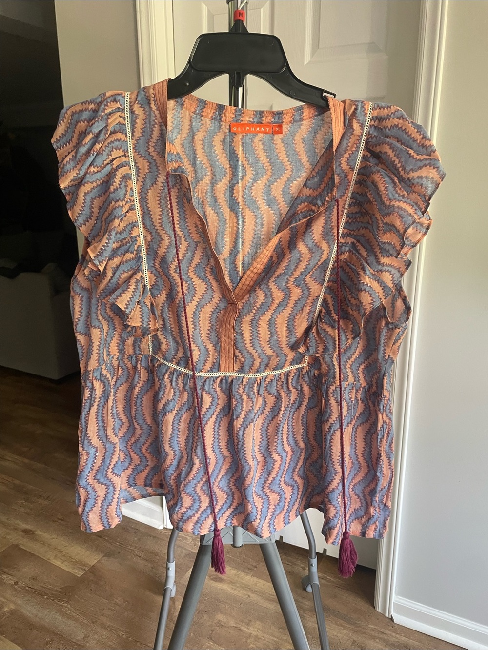 Oliphant Peach and Blue Tassel V-Neck Ruffle Top